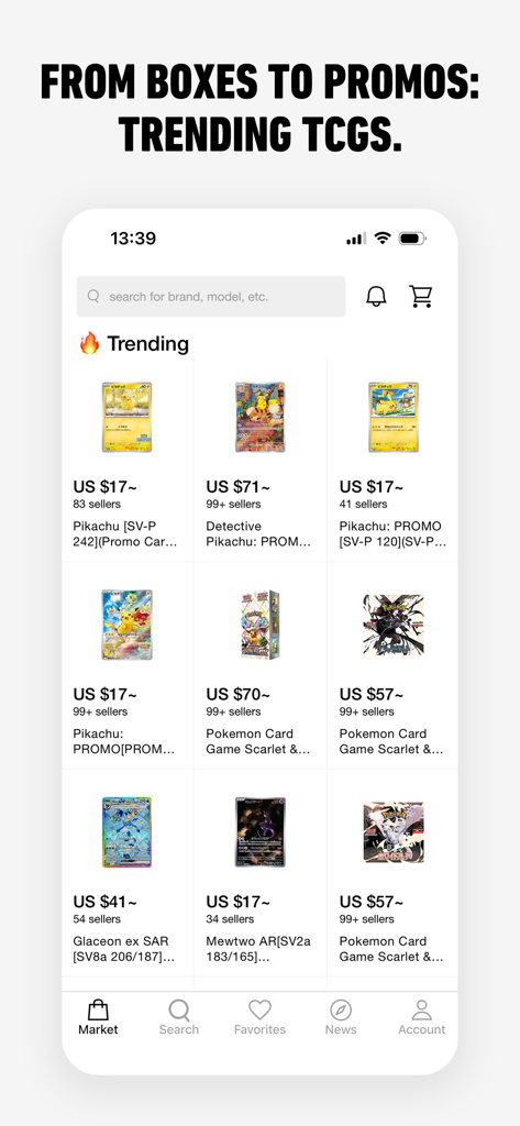 A mobile screen from the SNKRDUNK app showing trending Pokemon trading cards and booster boxes with prices.