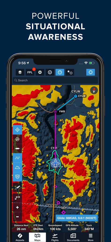 ForeFlight Mobile EFB - A smartphone screen displaying the ForeFlight Mobile EFB app with a situational awareness navigation map showing hazard terrain and flight route data