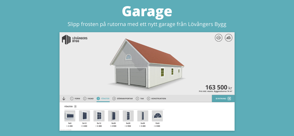 Rita eget med Lövångers Bygg - A 3D garage model in a home design application with customization options and pricing