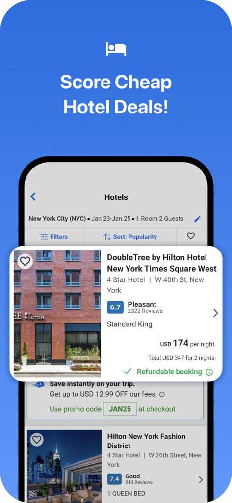A mobile app interface displaying discounted hotel listings in New York City with a promo code for extra savings.