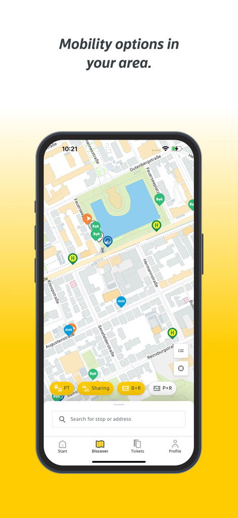 Vista de mapa en la aplicación bwegt que muestra el tránsito local y las opciones de vehículos compartidos