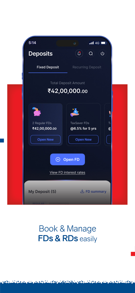 HDFC銀行アプリのインターフェースに、ダークモードでの定期預金および積立預金口座の管理のための預金ダッシュボードが表示されます