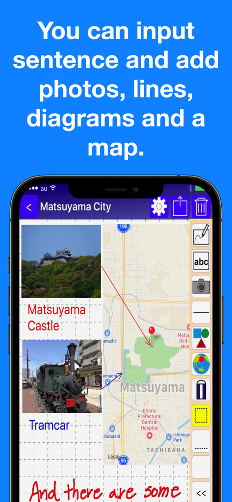 Pocket Note Pro app interface showing a business note with integrated maps photos and handwritten text