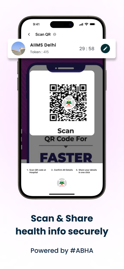 HeyDoc AI : WellnessGPT & ABHA - HeyDoc AI app screen displaying a QR code to scan and share health information securely powered by ABHA
