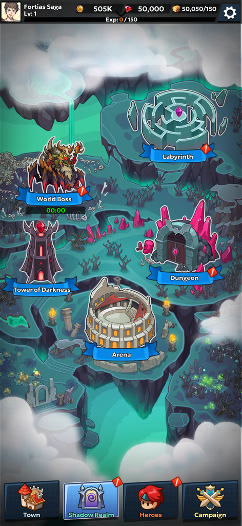 Fortias Saga: Idle RPG - Interface of the Shadow Realm in Fortias Saga showing various game modes including Arena, Dungeon, and World Boss.