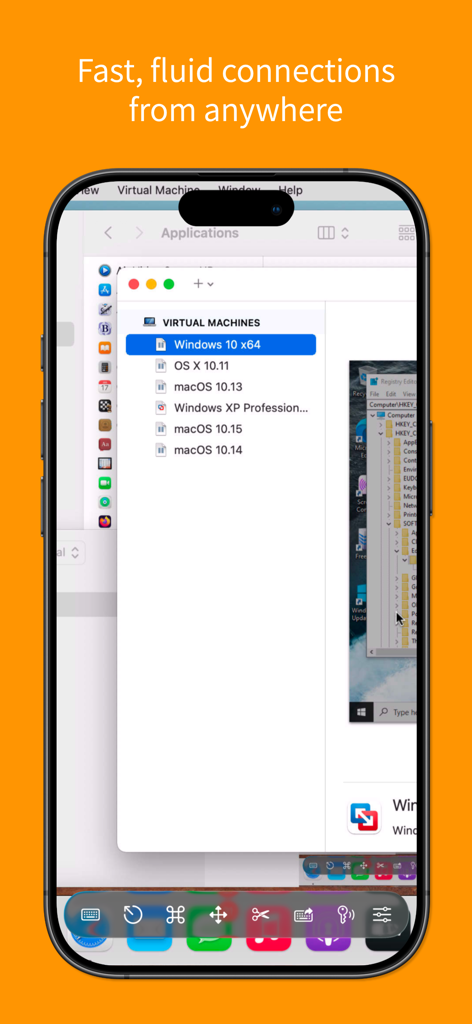 Screens for Organizations - Screens for Organizations mobile interface showing remote desktop control of virtual machines.