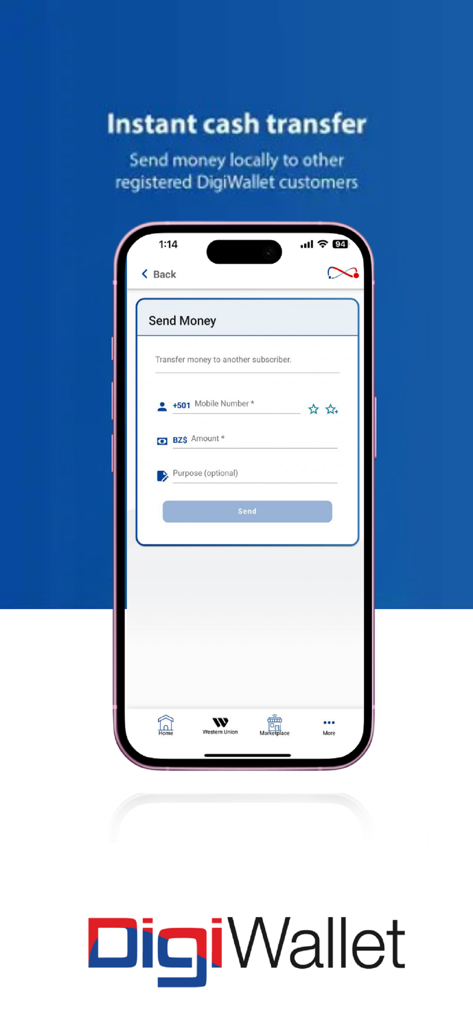 Pantalla de la aplicación móvil DigiWallet BZ para enviar dinero y transferencias de efectivo instantáneas