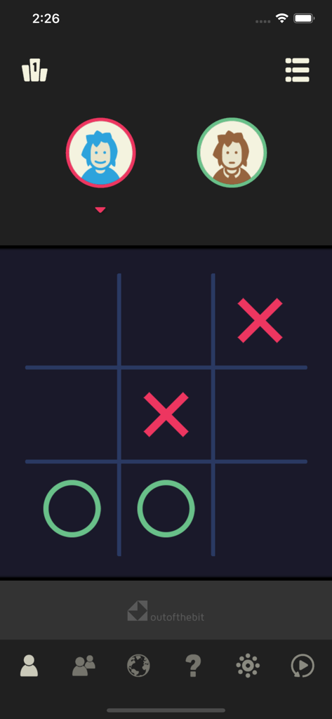 Gameplay mobile de Morpion présentant un thème sombre avec des symboles X roses et O verts