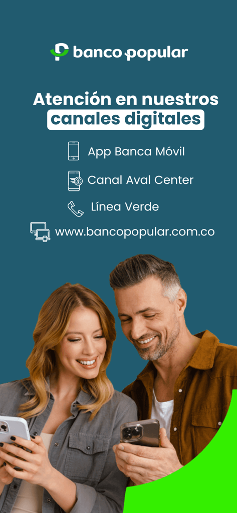 Un hombre y una mujer sonriendo usando sus smartphones con texto que describe los canales de servicio digital de Banco Popular, incluyendo la app móvil y el centro Aval.