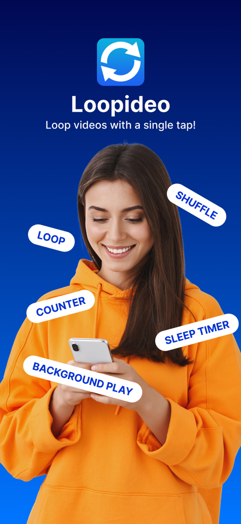 Loopideo - Loop Videos - A woman using the Loopideo app on her phone with feature tags like loop, shuffle, and background play shown on a blue background.