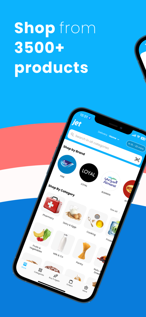 Interface do aplicativo JET Groceries mostrando categorias de compras e status de entrega rápida