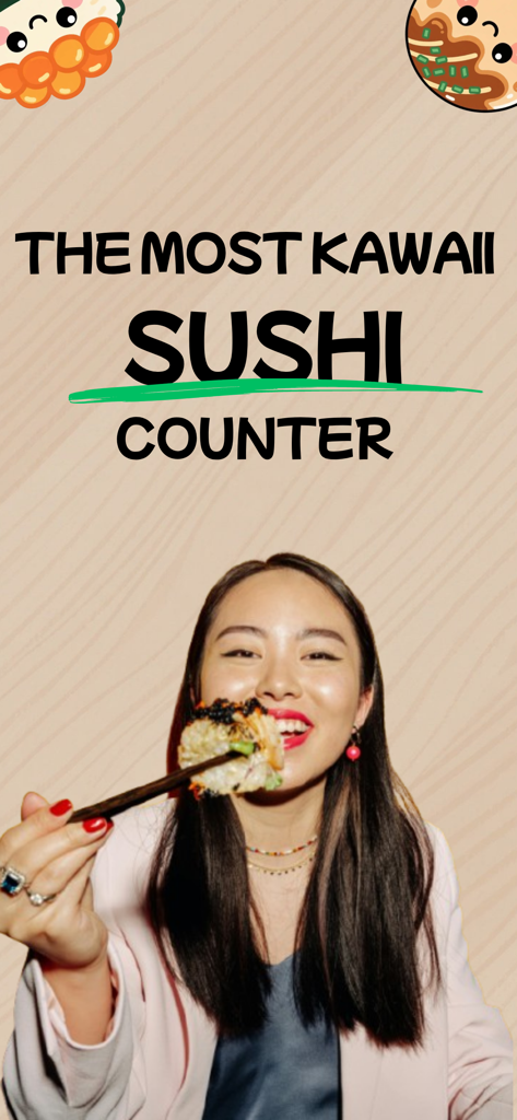 A woman eating sushi with chopsticks under the text the most kawaii sushi counter