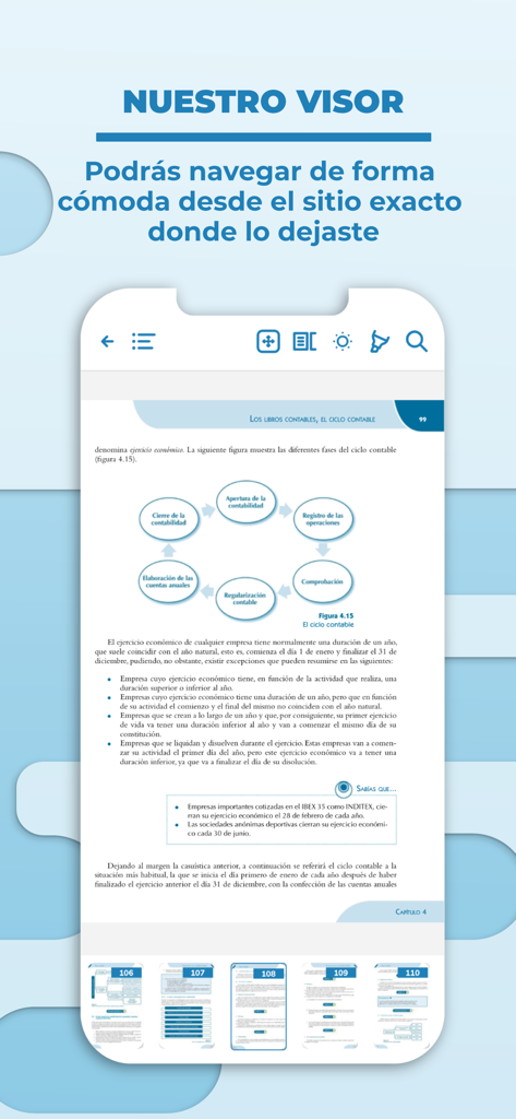 Editorial Síntesis - Interfaz del lector electrónico digital de la aplicación Editorial Síntesis mostrando un libro de texto académico con un diagrama de contabilidad y miniaturas de página