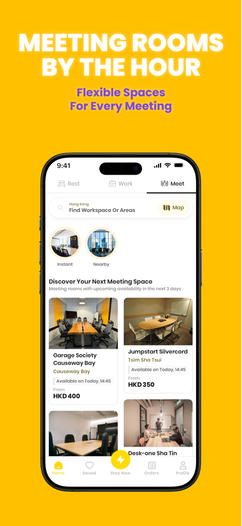 Flow Hotel & Workspace by Hour - L'interfaccia dell'app Flow che visualizza una varietà di sale riunioni disponibili per la prenotazione ad ore.