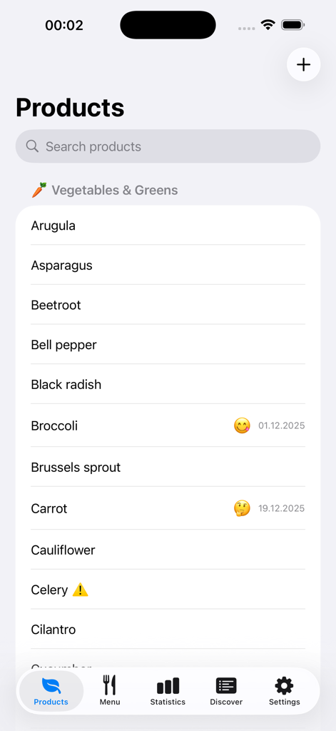 A catalog of vegetables in the My Weaning app showing baby reaction emojis and food introduction dates.