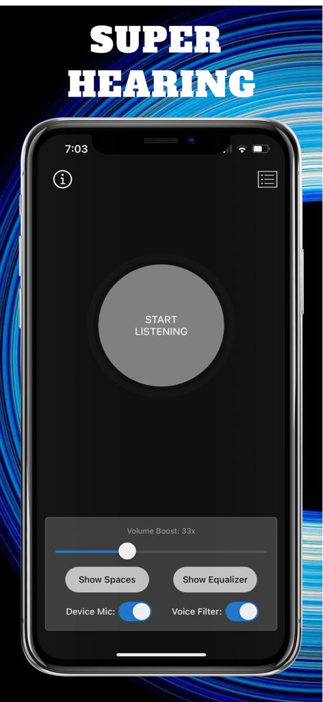 Hear Boost: Recording Ear Aid - Hear Boost app interface featuring the Super Hearing headline and Start Listening button with volume boost controls.