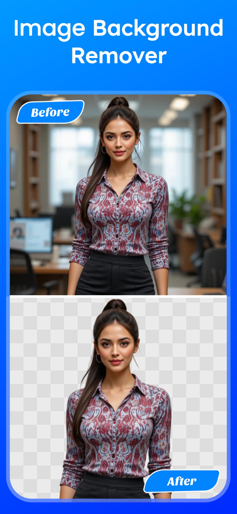 Picture Size Resizer - Ein Vorher-Nachher-Vergleich, der eine Frau im Büro und dann mit transparentem Hintergrund zeigt