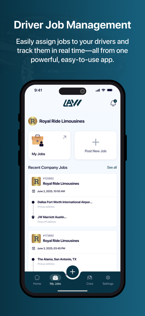 Limo Affiliates Worldwide app interface showing driver job management and fleet tracking