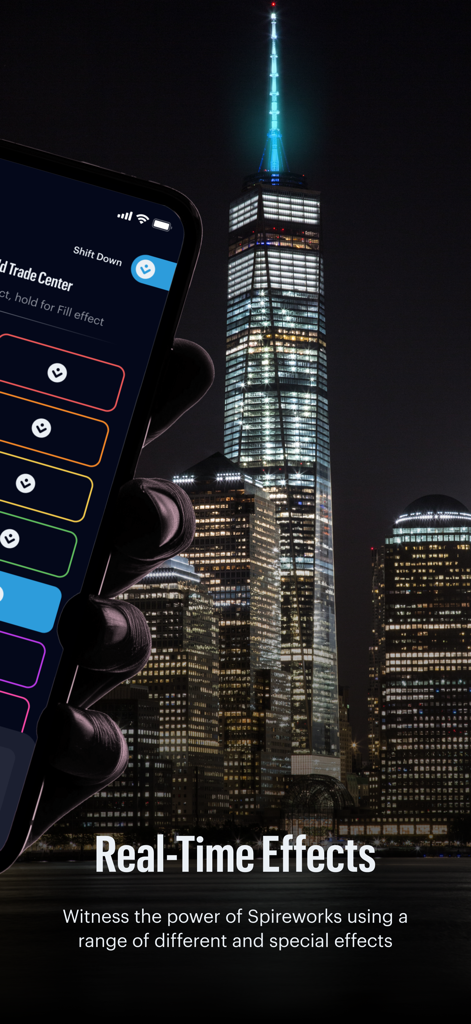Spireworks - A hand holding a smartphone showing the Spireworks app interface with a lit New York City skyscraper in the background at night