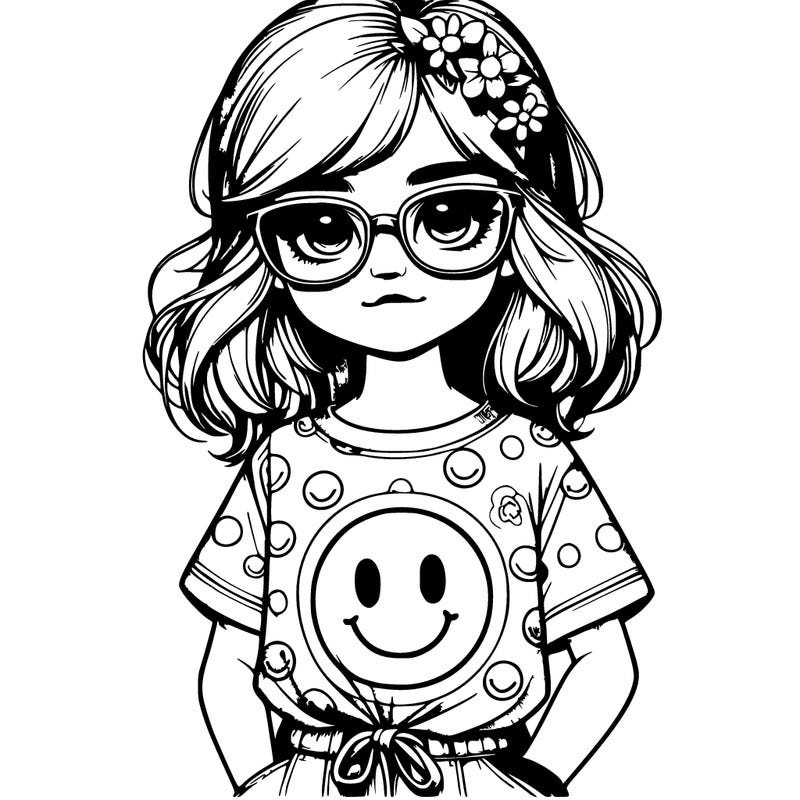 realistic girl with glasses on and a t-shirt with smiley faces on it