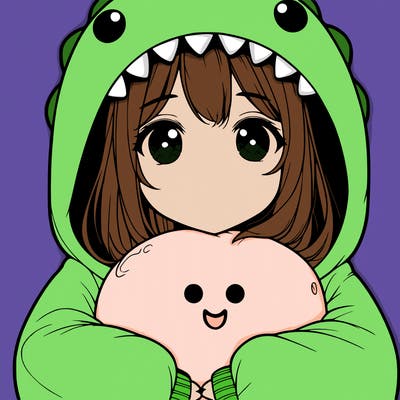 realistic girl in dino onsie hugging a dino squismallo