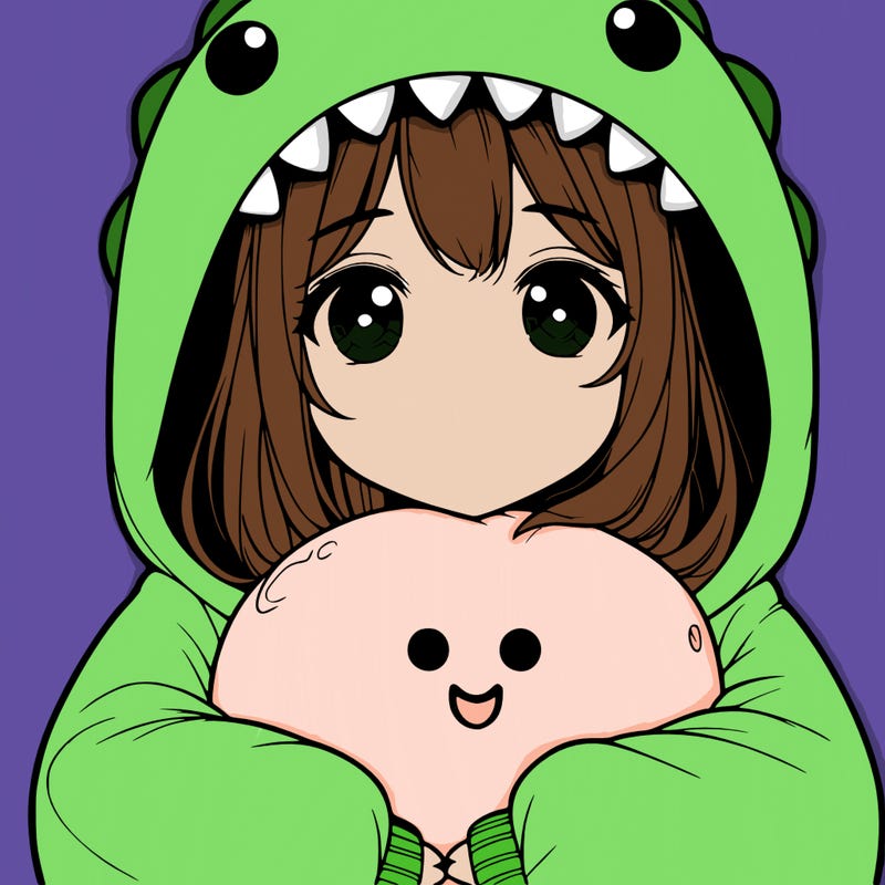 realistic girl in dino onsie hugging a dino squismallo