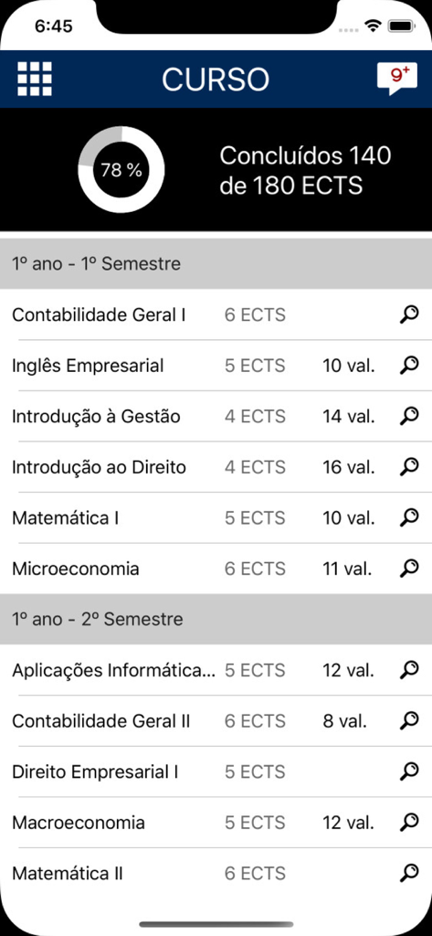 A screenshot of the ISCTEM Mobile app displaying a student's course progress, ECTS credits, and grades for various subjects by semester.