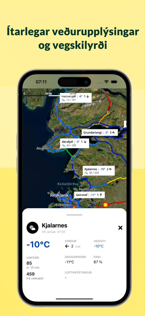 Færð og Veður - Affichage sur la carte des conditions routières et des données météorologiques en temps réel en Islande provenant de l'application Faerd og Vedur
