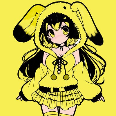 pretty anime girl wearing a fluffy hoodie with bunny ears on the hood and a skirt