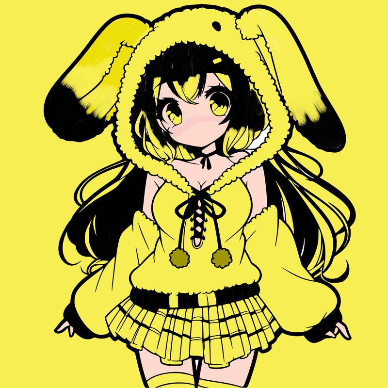 pretty anime girl wearing a fluffy hoodie with bunny ears on the hood and a skirt