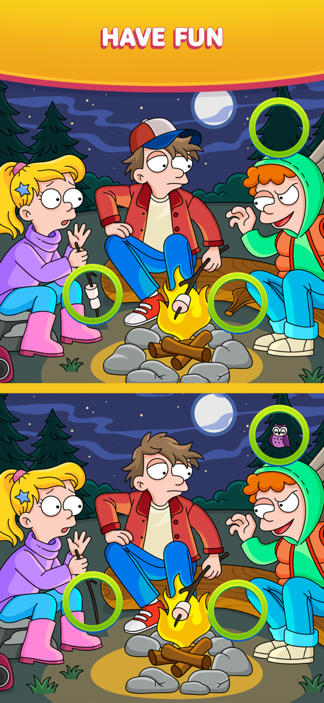 Find Easy - Hidden Differences - キャンプファイヤーの周りに座っている子供たちの2つの漫画のような画像、違いに緑の円が描かれている