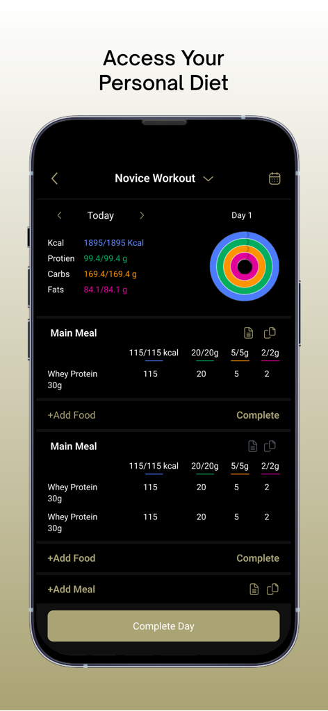 1O1 - 1O1 app interface showing personal diet tracking with daily calorie and macronutrient goals