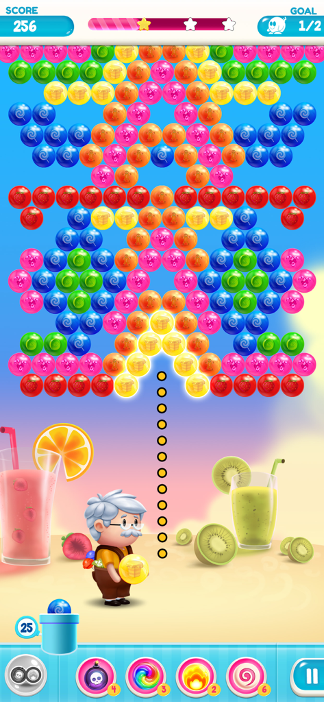 Gummy Bear Pop: Bubble Shooter - Gameplay screenshot of Gummy Bear Pop Bubble Shooter with candy maker character aiming at colorful bubbles