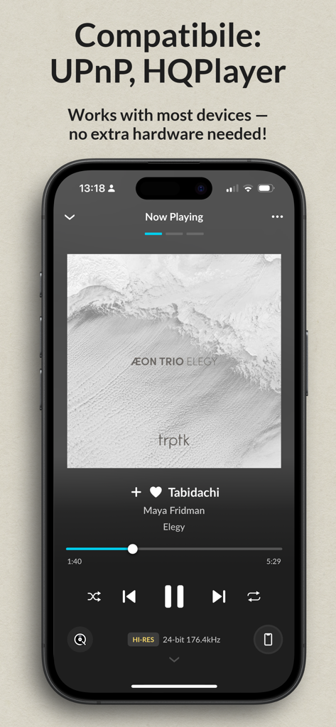 JPLAY - JPLAY app interface showing UPnP and HQPlayer compatibility with high-resolution audio playback details