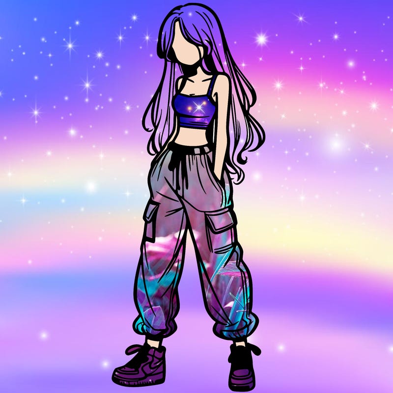 girl in baggy pants crop top and long hair