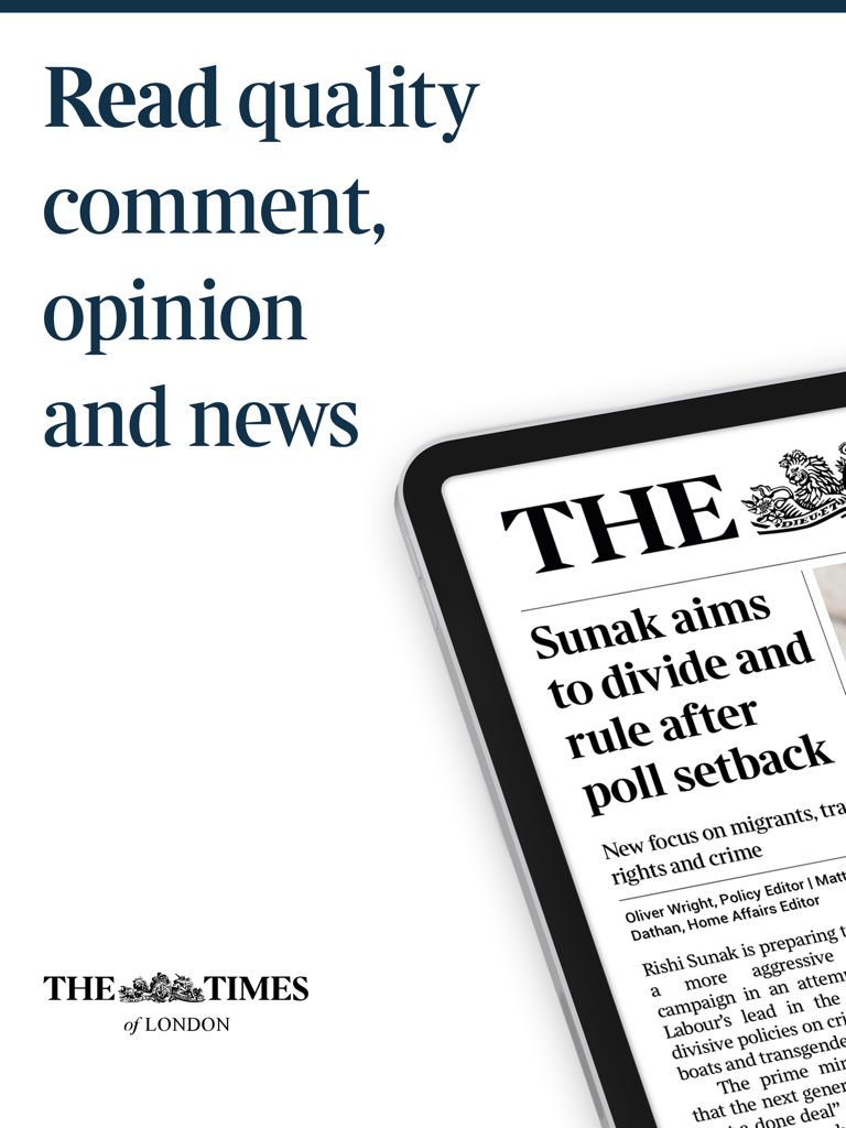 Interfaz de la aplicación The Times of London para iPad que muestra un artículo de noticias con el titular Sunak aims to divide and rule after poll setback.