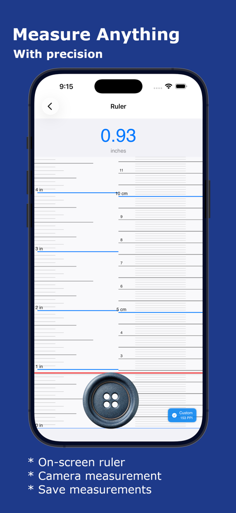 Regla en pantalla de la aplicación Smart Tools Pro midiendo un botón en pulgadas en un iPhone