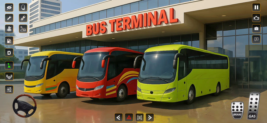 City Coach 3d Bus Driver Game - Tres modernos autobuses coloridos estacionados frente a un edificio de terminal de la ciudad en un juego de simulador de conducción 3D.