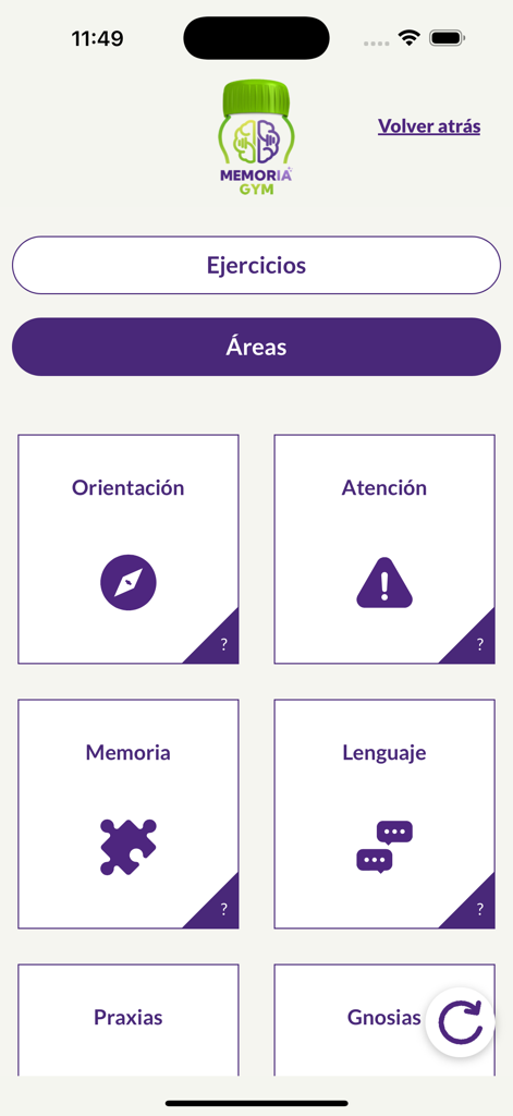 MemorIA GYM - A menu screen from the MemorIA GYM app displaying different cognitive training categories such as memory and attention