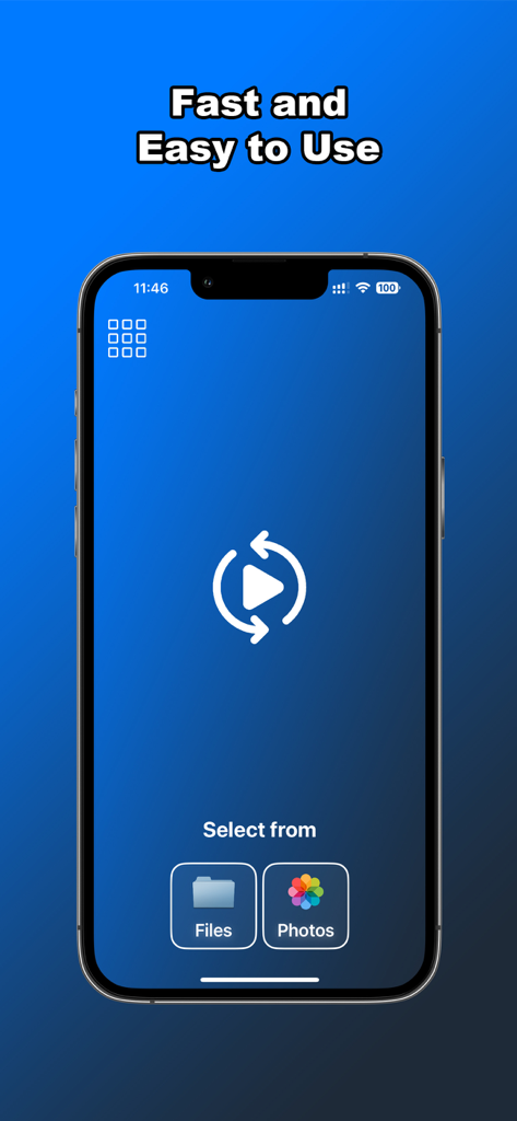 Interface utilisateur de l'application Convertisseur Vidéo 4K montrant les options de sélection de vidéos depuis les fichiers ou les photos.