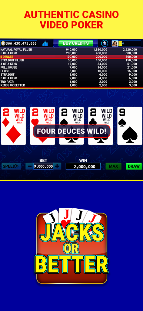 Multi-Play Video Poker ™ - Gameplay de Multi Play Video Poker montrant une victoire de quatre deux sauvages et le titre du jeu Jacks or Better