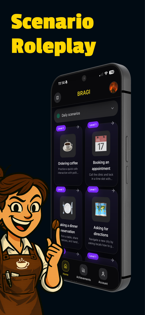 Bragi - Language Learning - Interfaz de la aplicación Bragi que muestra escenarios de juego de roles diarios para la práctica de idiomas.