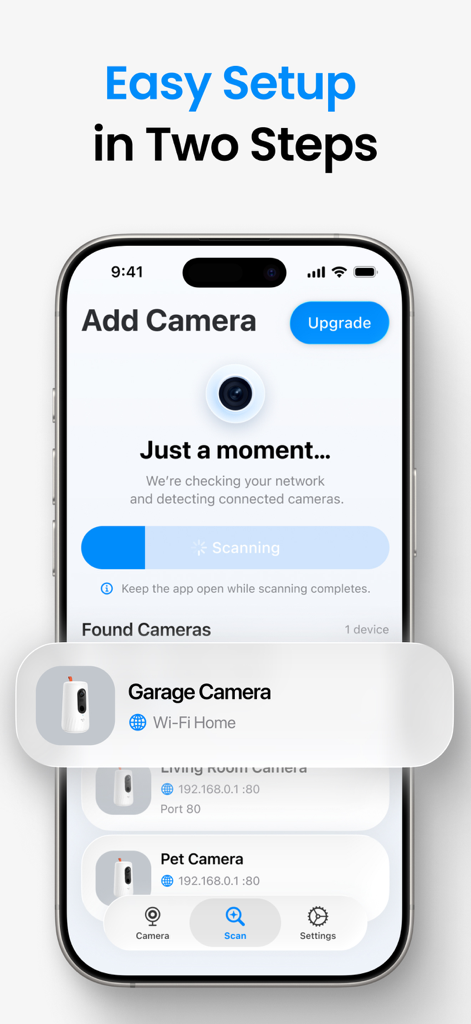 Security Camera Home App - Uno schermo di smartphone che mostra l'app Fotocamera di Sicurezza Casa in scansione per nuove fotocamere su una rete