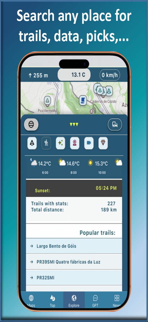 Trail Explorer - Trail Explorer app interface showing hiking stats weather forecast and popular trail list
