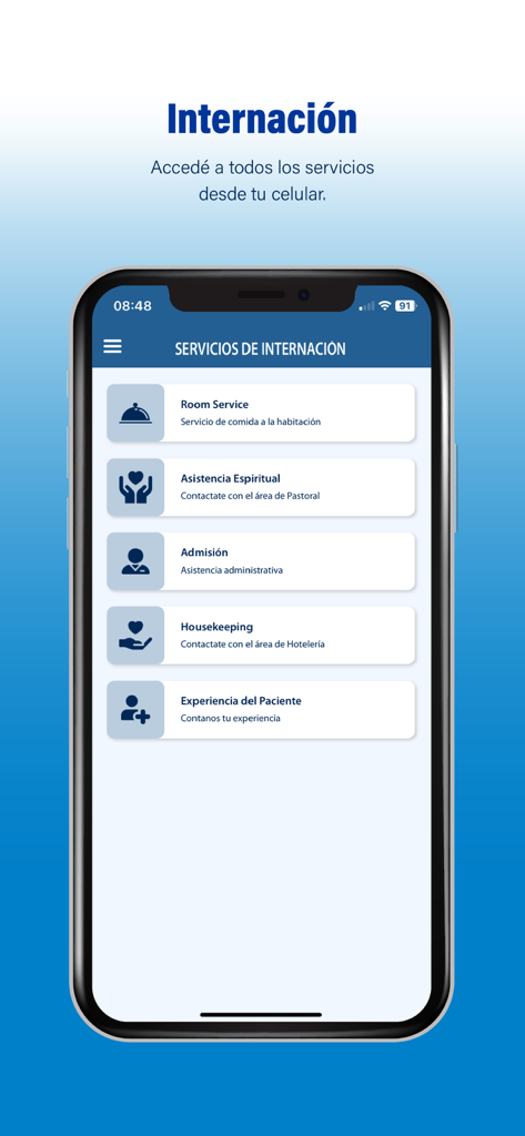 Sanatorio Mater Dei - Interfaz de la aplicación móvil para el Sanatorio Mater Dei mostrando servicios para pacientes ingresados como servicio de habitaciones y asistencia espiritual.