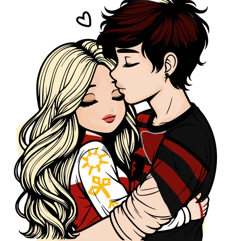 a realistic couple boy and girl hugging and kissing