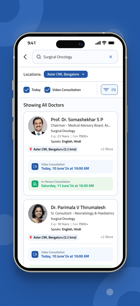 Aster Health - Aster Health mobile app interface showing a list of surgical oncology doctors available for video and in-person consultations