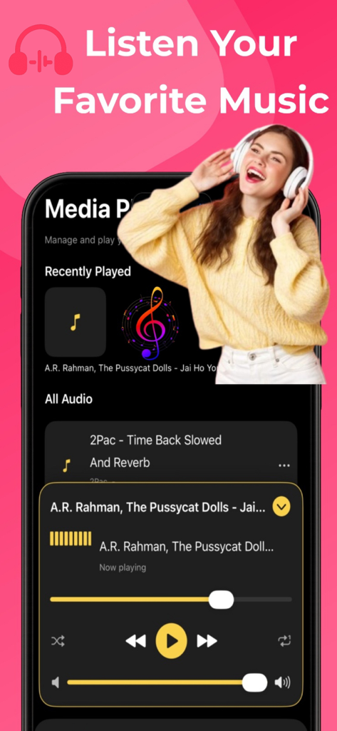 Interface of Tubidy Fm app displaying a media player with music tracks and playback controls