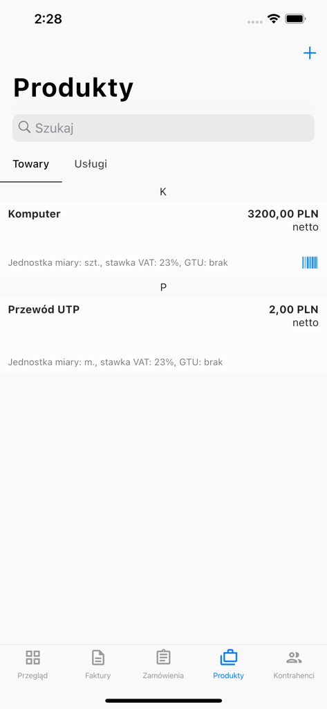 Interface of the FakturaLight app displaying a product list with prices in PLN for goods and services