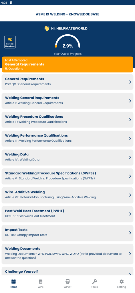 ASME IX Welding - ASME IX Welding App Wissensdatenbank-Dashboard, das den Fortschritt und die Module zur Schweißqualifizierung anzeigt